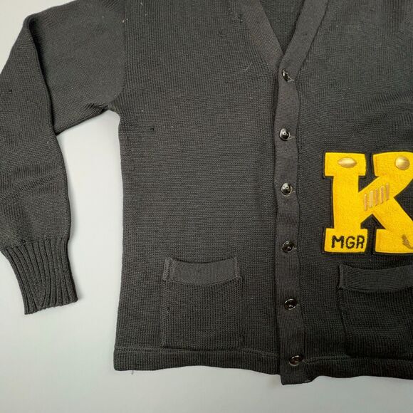 Vtg Wool 50s Revere Yellow K Varsity Cardigan Sweater Men Large Letterman Black - Picture 7 of 11